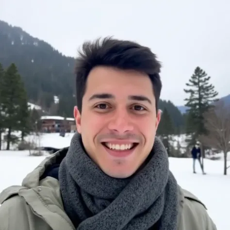 Generate a virtual presenter: a young man with a warm and welcoming smile, dressed in casual yet stylish winter attire like a light jacket and scarf, set against a snowy landscape of Val dAyas with mountains and pine trees in the background; his expression...