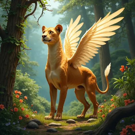 A mystical and enchanting digital illustration of a forest guardian, a mythical creature with the body of a lioness and the wings of an eagle. She stands proudly amidst a lush, vibrant forest, surrounded by towering trees and exotic flowers. Her fur is a r...