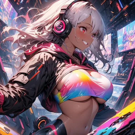 (highest quality), From above:1.2,1 person female, alone,crop top sports swimsuit,double big round eyes,silver hair,red eyes, (dark skin), (open chest:1.1),Cyberpunk World,dynamic composition,Big breasts,Muchimuchi,Psychedelic color scheme,iridescent spark...