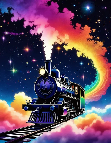 Shadow art, Flat illustration, silhouette art, everything except the shadows is colored with colored cellophane, A fairy tale steam locomotive emerges from the center of the nebula, distorted clock background, (Fairy tale steam locomotive running through t...