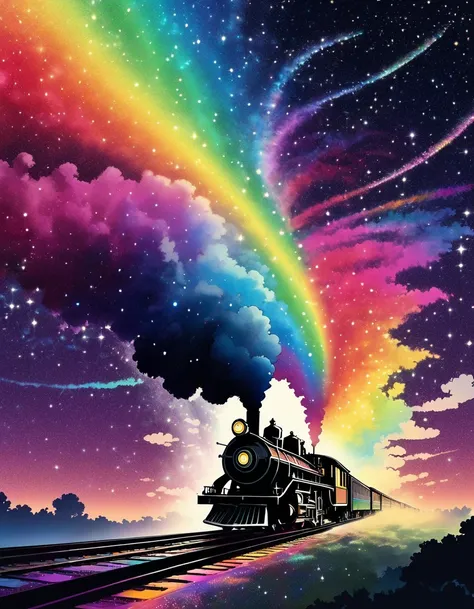 Shadow art, Flat illustration, silhouette art, everything except the shadows is colored with colored cellophane, A fairy tale steam locomotive emerges from the center of the nebula, distorted clock background, (Fairy tale steam locomotive running through t...