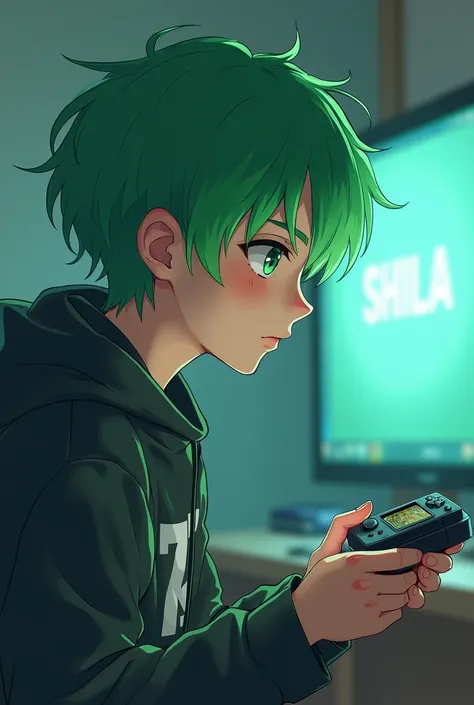 Green hair,Middle school student, side view ,Game console,Coolness,man,Bluntness