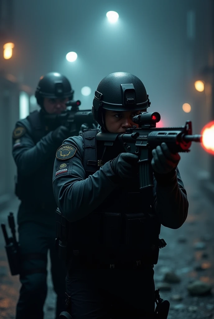 Create a 4K quality thumbnail featuring a dark, atmospheric scene with police officers aiming their weapons. The background should be shadowy and moody, with dim lighting that highlights the officers in tactical gear. The composition should convey intensit...