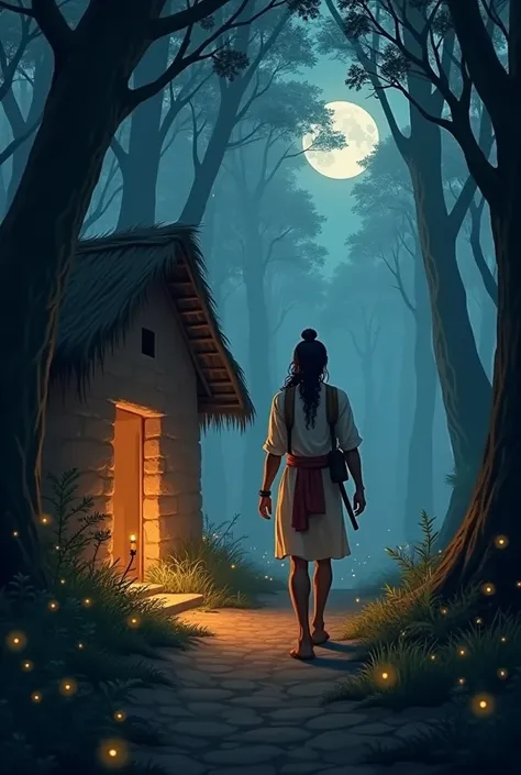 A realistic scene of young Manikandan Ayyappa, after placing his divine sword inside the elderly grandmother’s humble home, walking back into the dense forest. His divine aura subtly illuminates his path as he steps into the shadowy woods under the moonlit...