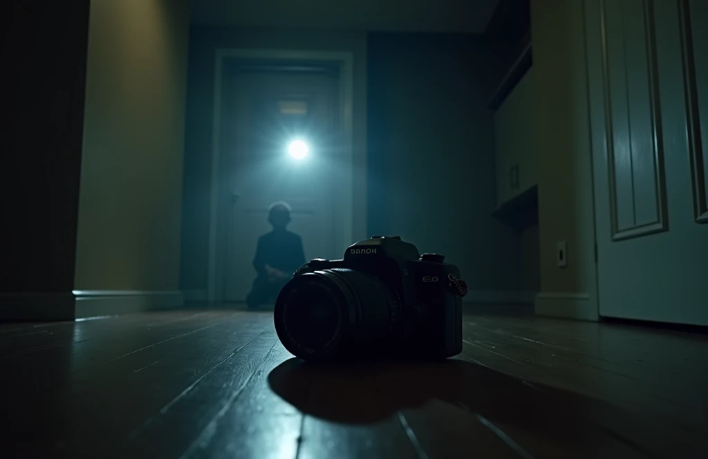 A camera lying on the floor, capturing the chaotic final moments of the encounter. The flashlight beam flickers, and a shadowy figure is partially visible in the frame. The atmosphere is filled with tension and a sense of impending doom.