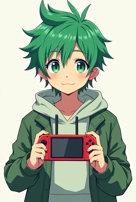  green hair,Middle school student,Front view,Game console,Coolness,man,Bluntness