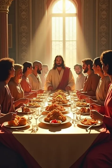 Jesus at a banquet at a beautiful table filled with people smiling