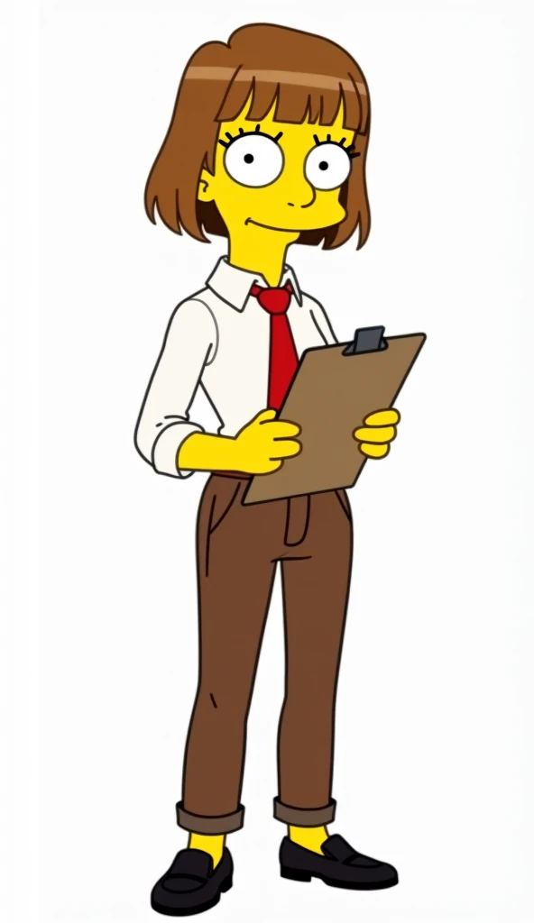 image with traces of the fortnite game, a cartoon of s woman, arnie pye female version, short hair, straight hair, light brown hair, bangs, white shirt, three fourths sleeves, red tie, brown pants, black shoes, eyelashes, holds clipboard, smiling, white ba...