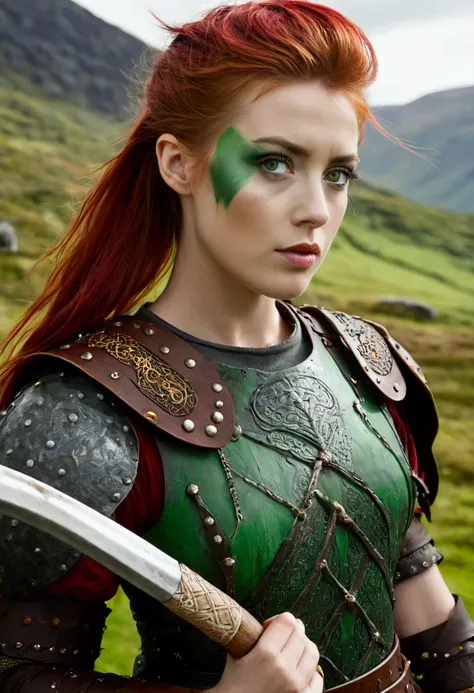 Red hair, green eyes, Amber Heard, pixie, viking armor, axe, face paint, Scottish highlands