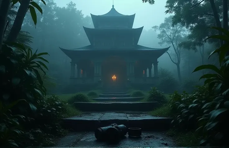 The haveli bathed in the dim light of dawn, surrounded by eerie silence. Mist creeps through the overgrown jungle, and the structure looks even more sinister. A broken camera lies abandoned on the steps.