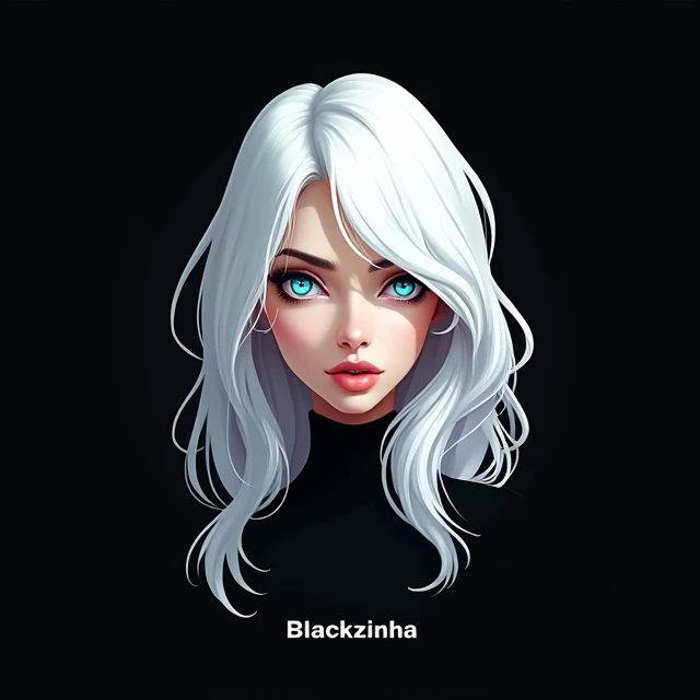 Make a logo with the title BLACKZINHA at the bottom COMMUNITY with a pretty girl with white hair and blue eyes with a black background