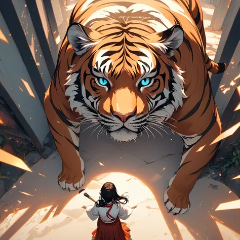 ((from above:2.5)), a person painting on a tiger like poster with brushes, canvas and a big wall space, 1girl, japanese clothes, tiger, hakama, black hair, hakama skirt, year of the tiger, animal, miko, skirt, red hakama, chinese zodiac
Maximum facial deta...