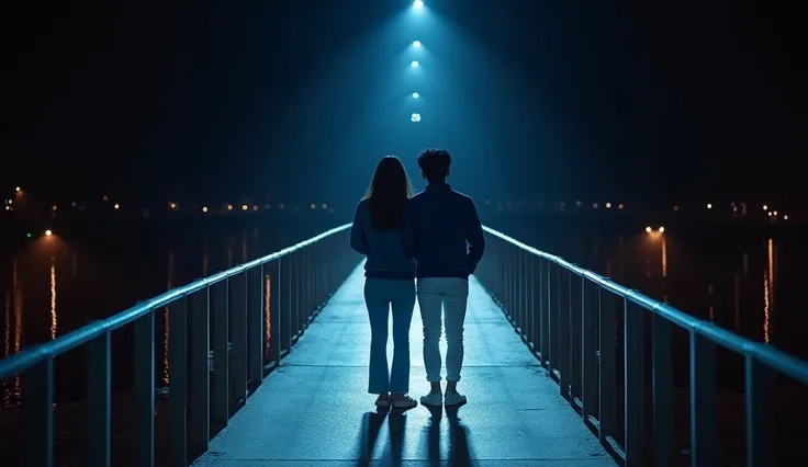 Taiwanese woman and man in white pants and blue jacket standing in small bridge front of black background with light melodys,  hologram, tumblr, holography, ( ( ( wearing jeans ) ) ), full body wide shot, lock to audience 