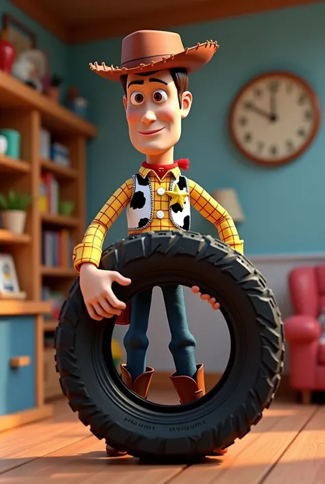 Woody do filme toy story com um pneu na mão