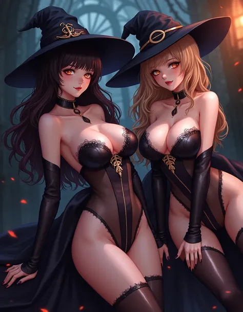 beautiful and seductive Women being lustful and wearing witch clothes but the clothes is very revealing and seductive and the art style is anime