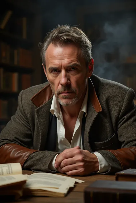 A powerful and intense portrait of a man, captured in a dramatic and moody style. He sits in a dimly lit, smoke-filled room, surrounded by the worn, leather-bound tomes and scattered papers of a lifelong scholar. His face is a map of deep lines and creases...