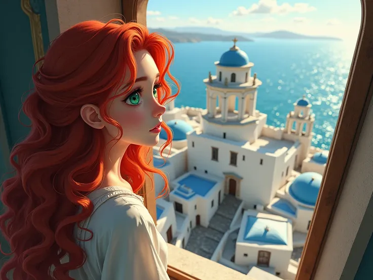  1 girl , Long Red Hair, Curly hair　Green Eyes　 overlooking the city from a tall tower　Streetscape with white walls and blue roofs 　sea