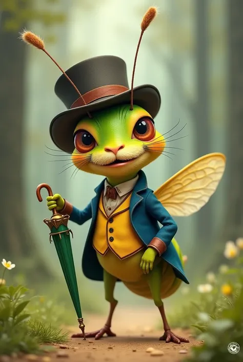 "Create an image of a small, cheerful cricket standing upright on its hind legs. The cricket is wearing a classic top hat, a blue jacket with a yellow vest, and carrying a small green umbrella. It has a round face with expressive eyes, a wide smile, and a ...