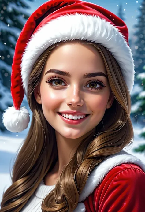 Very nice girl, hyperrealistic, photo full resolution) with Santa hat, intricate, (masterpiece, representative work, official art, professional, 8k wallpaper unit:1.3), smiling.
