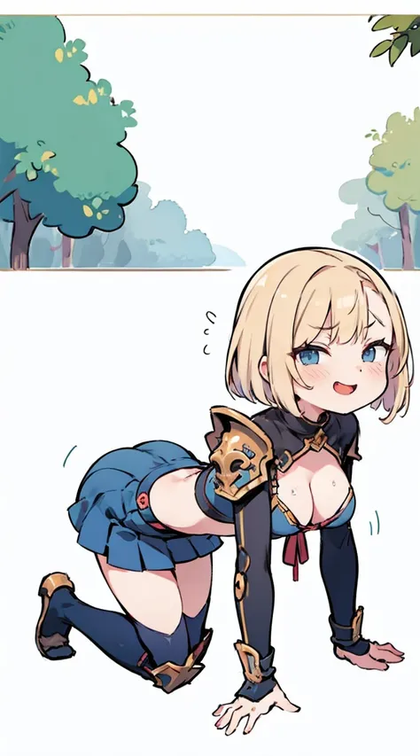  mature woman with blonde bob hair, Blue eyes,  miniskirt is yellow、Japanese warrior armor ,（Armor is dark blue ）、 he was laughing a lot , medium breasts, sticking out his butt so much ,  stockings、Full body composition、Belly button exposed、 blush,  open h...