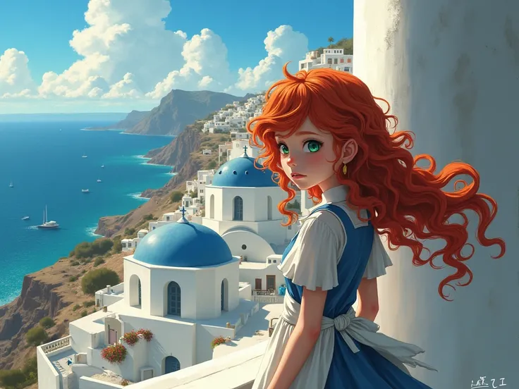  1 girl , Long Red Hair, Curly hair　Dress and apron 　Green Eyes　 overlooking the city from a tall tower　Streetscape with white walls and blue roofs 　sea　 boring face 