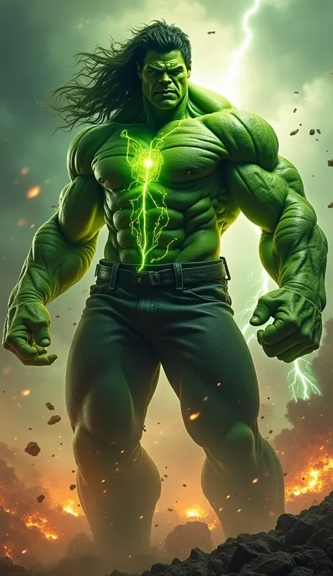 "A hybrid fusion of Hulk and Feminina into a single, fearsome entity that embodies both their immense strength and primal rage. This monstrous being combines Hulks massive green form and raw power with Femininas intricate battle armor, glowing energy patte...