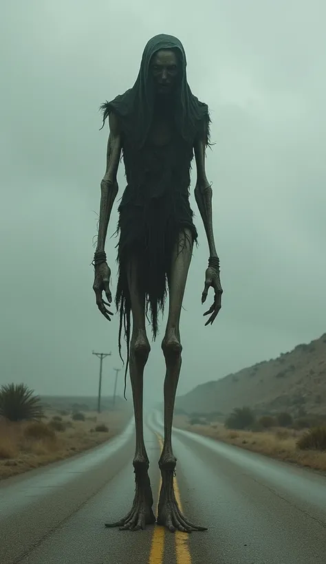 Create a image of a long foot man looks like a horror I am very hilarious that is stand on the road 