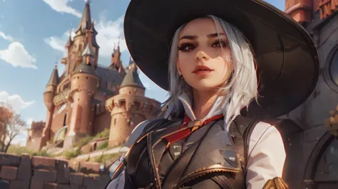 ash from overwatch with an old west-style castle in the background,  art 3d high detail ,  high quality , photo, realism в откро...