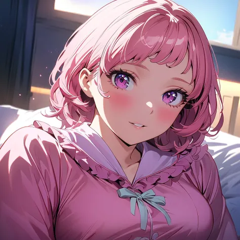 1 female, adult, holding a love letter, happy expression, closed lips, short pink hair, violet eyes, long eyelashes, large breasts, pink pajamas, correct anatomy, (on a bed), golden hour, dim, blurry background, detailed, masterpiece, ultra HD, anime style...