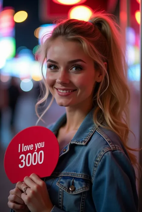 love,  professional photograph , retrato de una mujer rubia con pelo ondulado largo que usa love y jeans, jacket,  ponytail hair ,  smiling gently ,  beautiful makeup ,  she is holding a fan with text  "I LOVE YOU 3000  ",  Neon city in the background , bo...