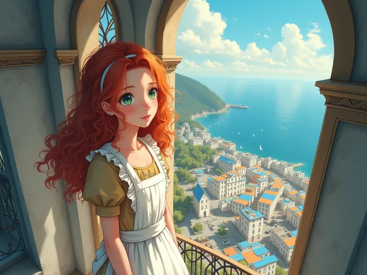  1 girl , Long Red Hair, Curly hair　Beige dress　 white apron　Green Eyes　 overlooking the city from a tall tower　Streetscape with white walls and blue roofs 　sea