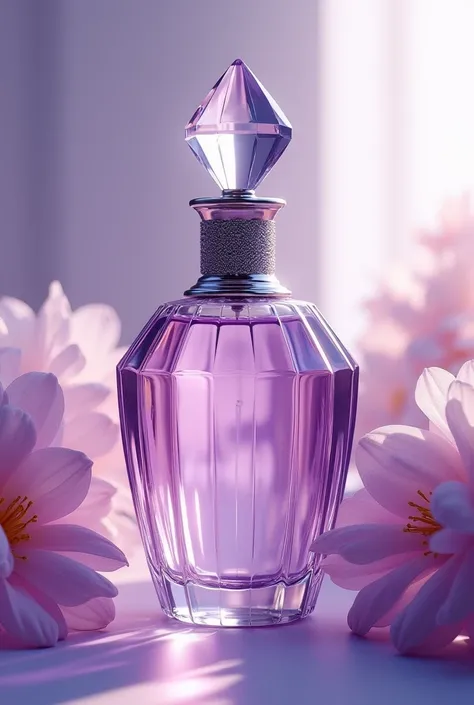 bottle should feature a sophisticated and luxurious design, crafted from pristine purple crystal with elegant facets and a diamond-shaped stopper, surrounded by soft floral accents in the background