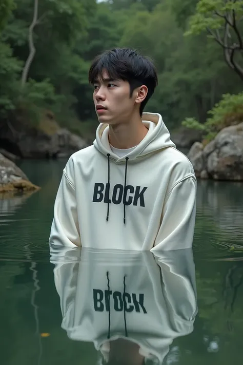 want a young man wearing a white hoodie with the word BLOCK written in black letters on it. He should be in a forest by a lake, and his reflection should appear on the surface of the lake."
