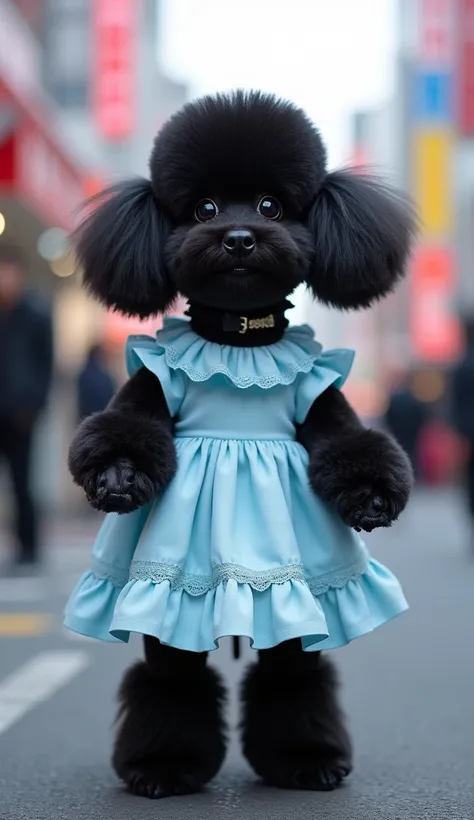 Real black toy poodle 　 standing on two legs facing the front in a light blue ruffle dress　Background Harajuku 