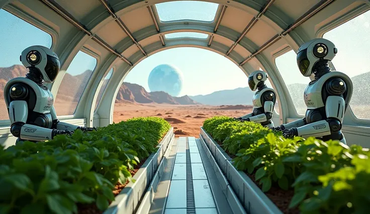 "Create a futuristic interior of a technologically advanced greenhouse on Mars, designed to ensure a constant food supply in an environment unsuitable for traditional agriculture. Show robots with advanced AI tending to crops under bright LED lights. The g...