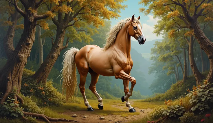 Highly detailed realistic oil painting of a centaur, inspired by the works of Leonardo DaVinci and Michelangelo, intricate details on the human and horse anatomy, vibrant colors, (long shot), set in a lush forest setting.