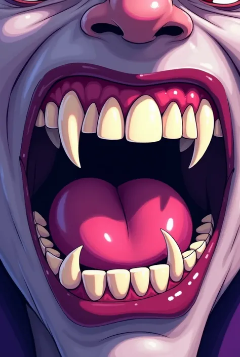 Cartoon type 2d vampire mouth only showing whole color purple male whole teeth showing 