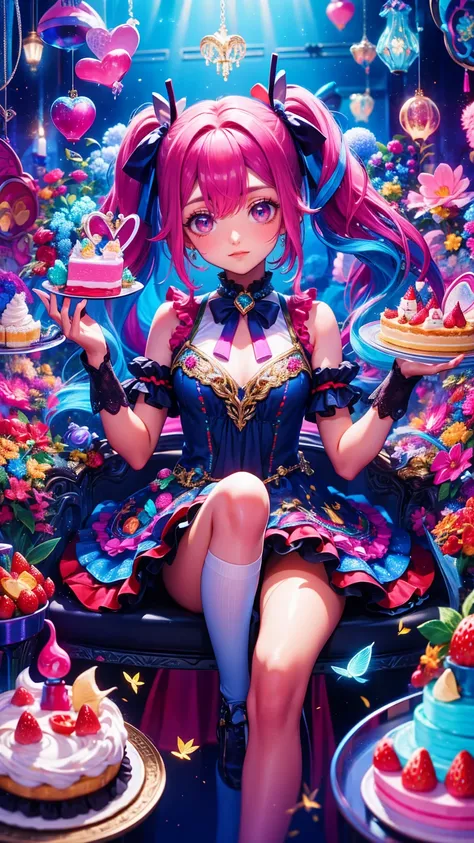  beautiful detailed fashion magazine style , Pink Hair girl wearing pastel decora fashion,  Exquisite Illustrations ,  ice cream, sweets, Sparkle, Rainbow, Particles of light,  cake, strawberry, fruit,  dynamic angle, Pink Theme, Pink Hair,  twin tails,  s...