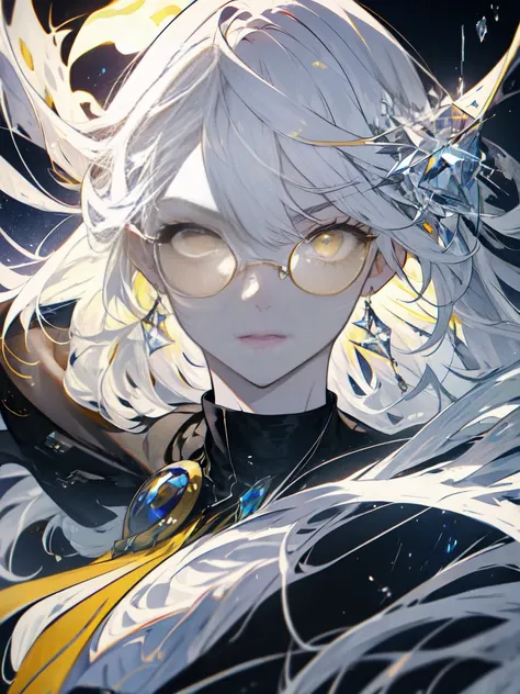 long hair, gray hair, masterpiece, top quality, very beautiful, Absurd, with bangs, glasses, yellow eyes,Yellow Eyes, Glasses、masterpiece,   best quality , (Alone focus), ( perfect face:1.1), ( high detail:1.1), ( high definition eyes ), dramatic,  white s...