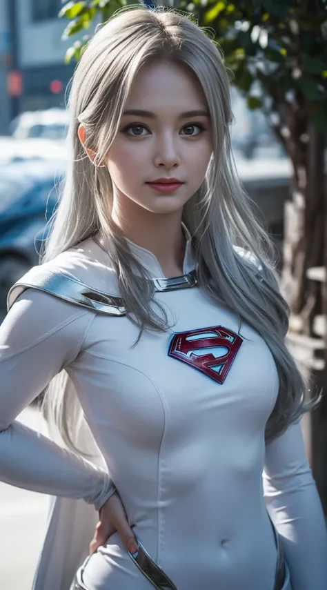 (White Superhero Theme Supergirl),( Doomsday City is destroyed:1.4),(Super Chica:1.4), (Gray Hair ),More detailed 8K. Unreal Engine :1.4, ultra high resolution with forest background,La  best quality:1.4,  photo-realistic:1.4,   skin texture  :1.4,  master...