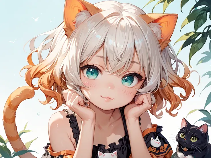  loli, solo, cat girl, :3, teenager , aqua eyes, white hair, gradient orange hair, wavy bob, big black cat ears, gradient orange ears, black and orange stripes, tail black with white and orange