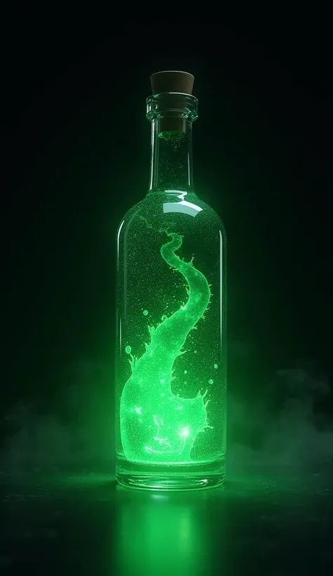  A bottle with a flashy green blossoming liquid,as if it were a secret formula  