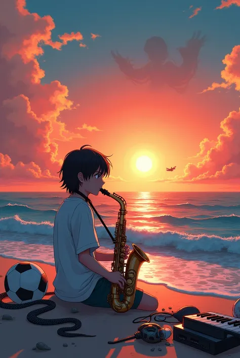 Japanese anime style.  A boy with hair up to his shoulders playing the saxophone on the beach while watching the sunset over the sea and its waves. In the sky there is an inconspicuous transparent image of a girls face , his beloved ,  while next to the bo...