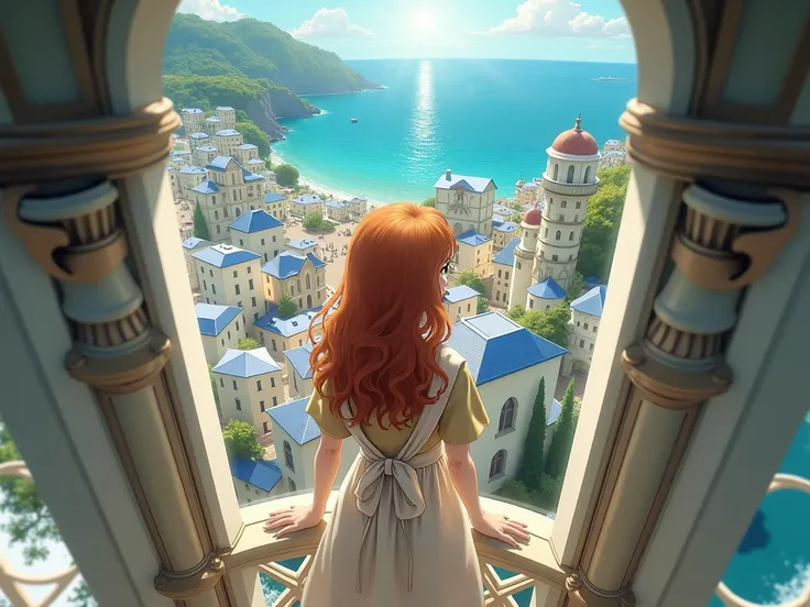  1 girl , Long Red Hair, Curly hair　Beige dress　 white apron　Green Eyes　 overlooking the city from a tall tower　Streetscape with white walls and blue roofs 　sea