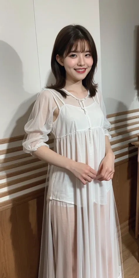  monotone background ,（ best quality,8k, RAW photos ,Realistic, high definition :1.2), medium hair, Cute Smile Up、 1 girl ,masterpiece,  best quality,  high definition ,, flat chested, small breasts,,細身の体, standing、(  living room  )、((  see-through nightgo...