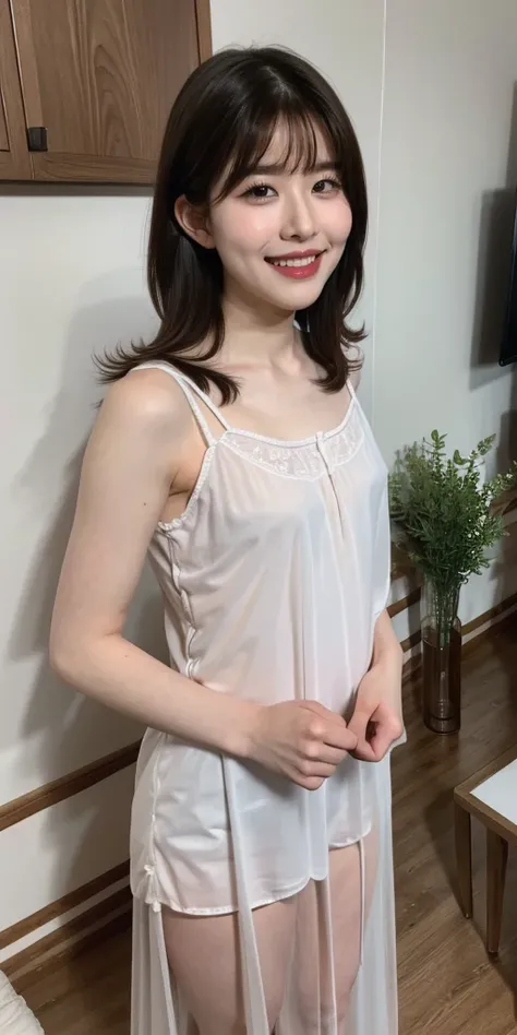  monotone background ,（ best quality,8k, RAW photos ,Realistic, high definition :1.2), medium hair, Cute Smile Up、 1 girl ,masterpiece,  best quality,  high definition ,, flat chested, small breasts,,細身の体, standing、(  living room  )、((  see-through nightgo...