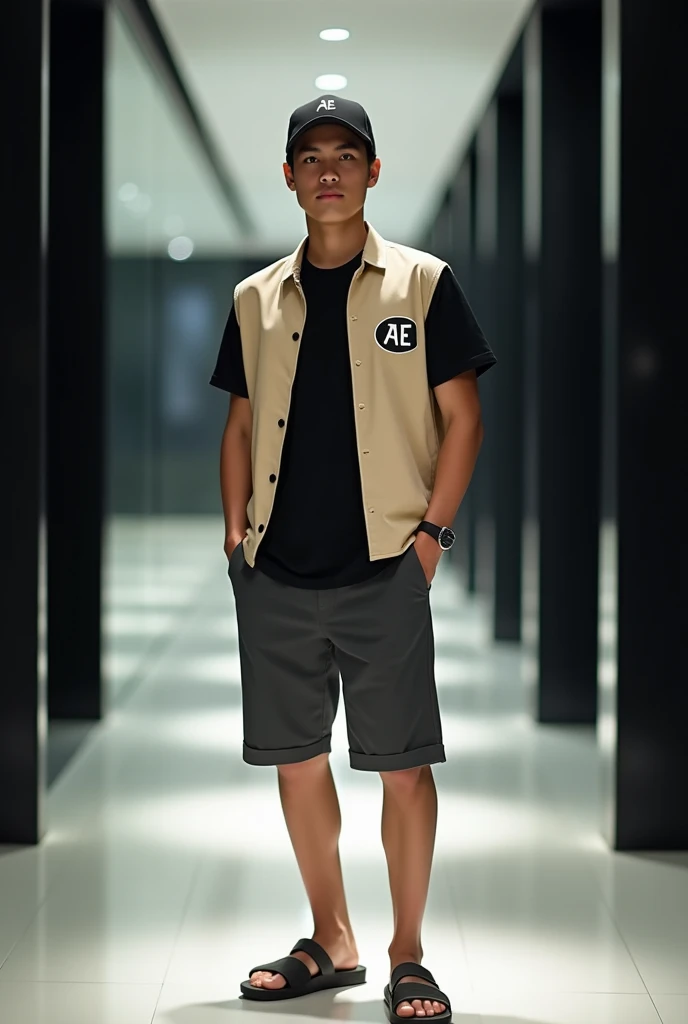 Indonesian man, 20 years  wearing a black t-shirt, beige vest with Aura Editing "AE" logo. Wearing dark gray shorts, wearing sandals, Wearing a black baseball cap. Posing in a corridor with shiny black glass in a very clean and shiny room. PHOTO RESOLUTION...