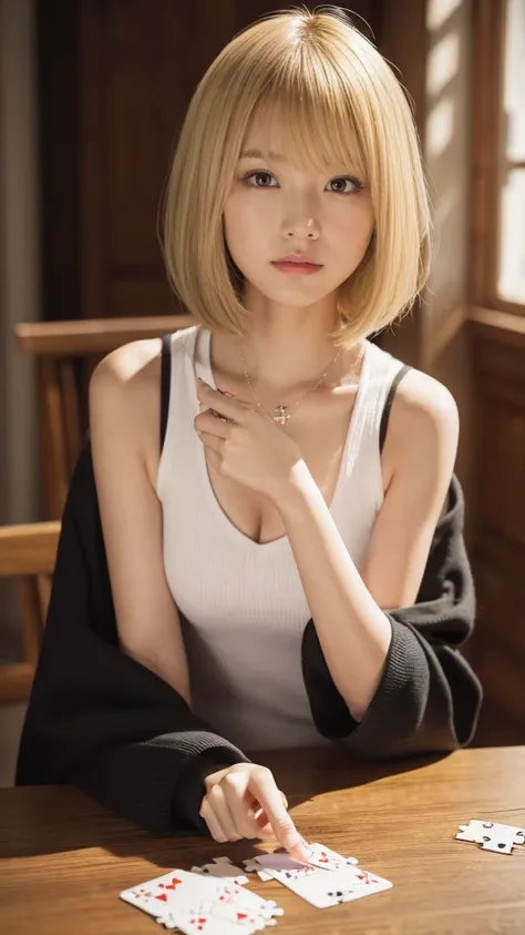 カジノ, Highly detailed, High Quality, Masterpiece, beautiful, PlayingCards, 1slave girl, solo, holding, card, table, holding card, sitting, indoors, playing card, pov across table, closed mouth, looking at viewer, Forrest, Blonde hair, jacket on shoulders, n...