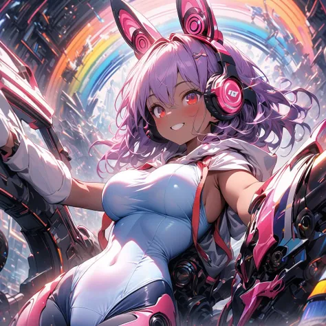 (highest quality), From above:1.2,1 person female, alone, shining school swimsuit,double big round eyes, (darkskin), (openchest:1.1),CyberpunkWorld,dynamiccomposition,Bigbreasts,,Muchimuchi,Psychedelic color scheme,iridescent sparkling background,rabbit ea...