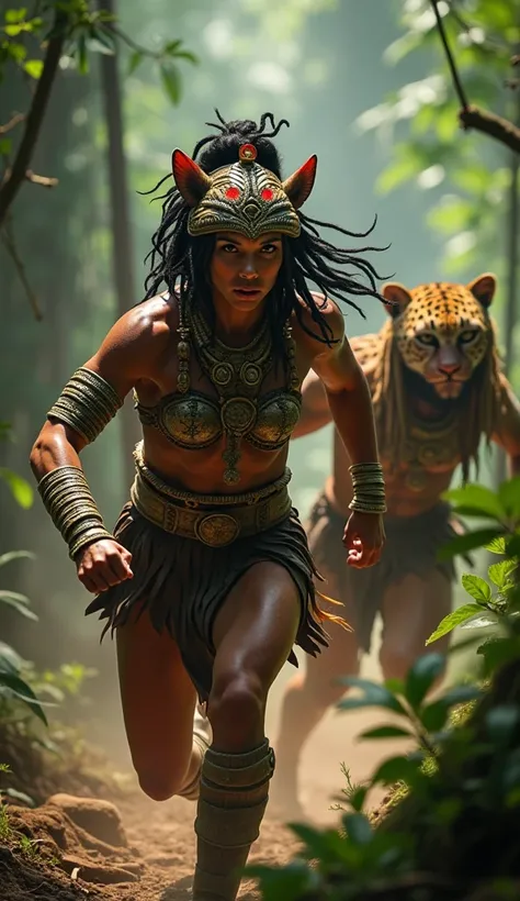 a fierce warrior woman of brazil standing alongside a fierce jaguar warrior, both charging towards the camera, hyper detailed, 8k, photorealistic, highly dramatic lighting, dramatic camera angle, muscular physiques, wearing ornate tribal armor and headdres...